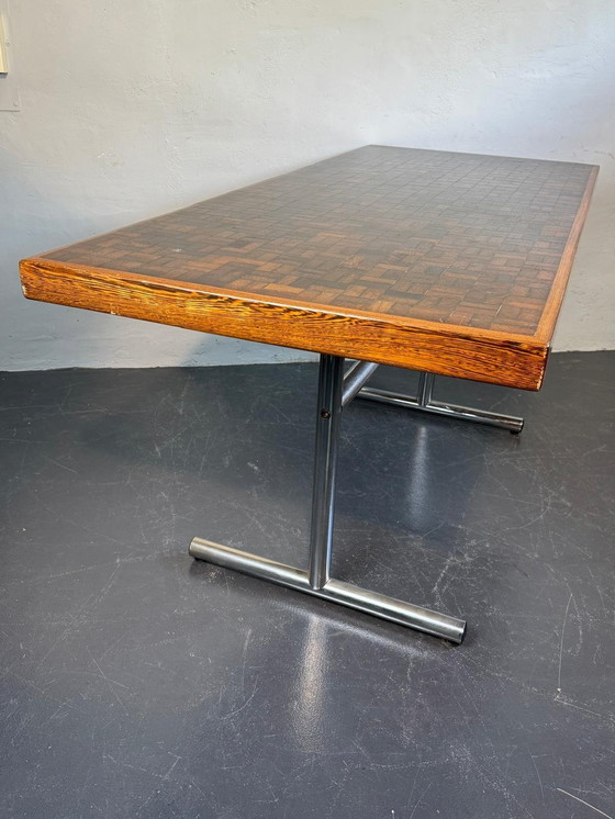 Image 1 of Vintage eiken parkettafel met chromen onderstel