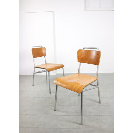 Paar mid-century stoelen van multiplex en aluminium