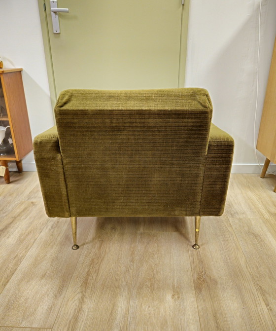 Image 1 of Vintage Fauteuil Stoel Ribstof Groen Messing 