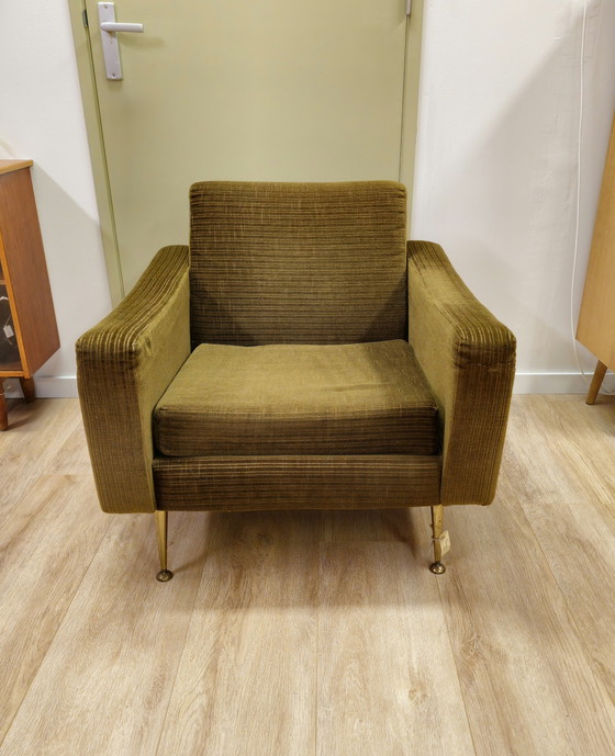 Image 1 of Vintage Fauteuil Stoel Ribstof Groen Messing 