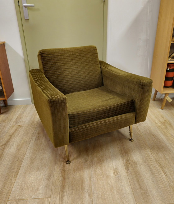 Image 1 of Vintage Fauteuil Stoel Ribstof Groen Messing 