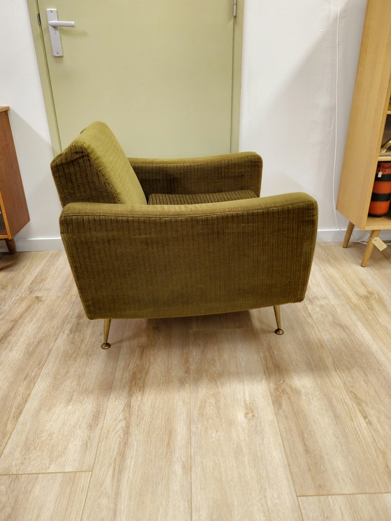 Image 1 of Vintage Fauteuil Stoel Ribstof Groen Messing 