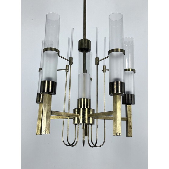 Image 1 of Vintage kroonluchter van messing en glas voor Sciolari, Italië 1960