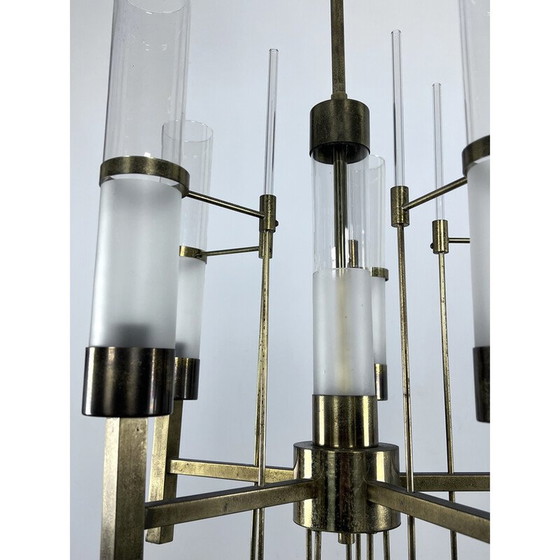 Image 1 of Vintage kroonluchter van messing en glas voor Sciolari, Italië 1960