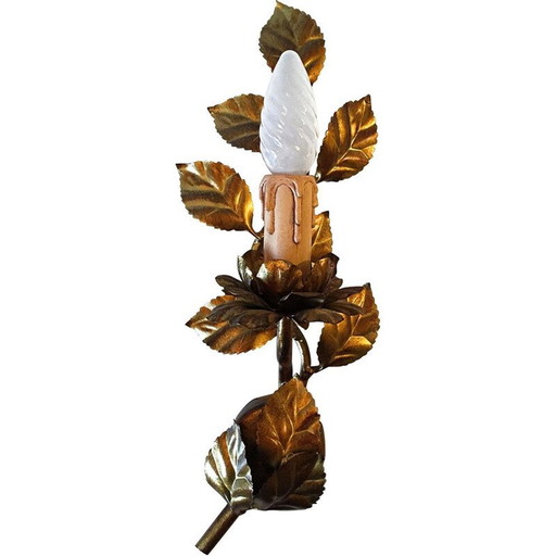 Paar vintage gouden wandlampen met bloemen, 1970