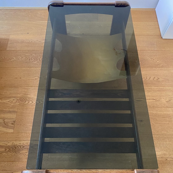 Image 1 of Vintage wengé glazen leren salontafel