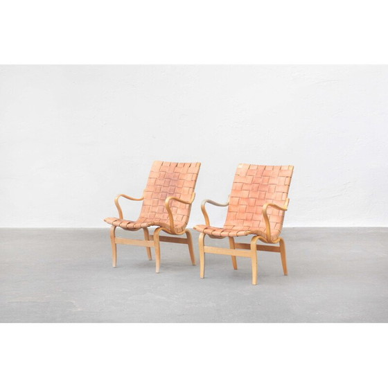 Image 1 of Paar vintage beukenhouten en bruin leren fauteuils van Bruno Mathsson voor Karl Mathsson, Zweden 1970