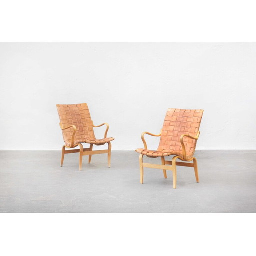 Paar vintage beukenhouten en bruin leren fauteuils van Bruno Mathsson voor Karl Mathsson, Zweden 1970