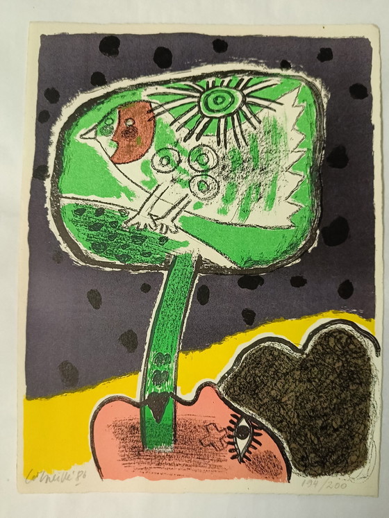 Image 1 of Zeldzame Corneille Zeefdruk Uit 1986: "Vrouw, Vogel En Zon"