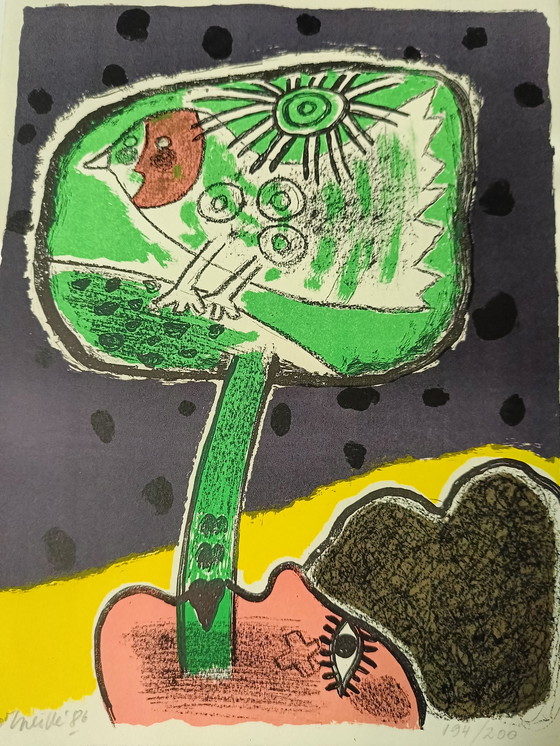 Image 1 of Zeldzame Corneille Zeefdruk Uit 1986: "Vrouw, Vogel En Zon"