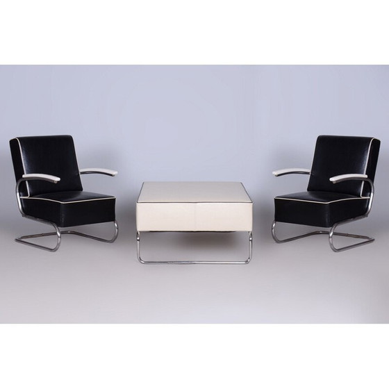 Image 1 of Vintage Bauhaus kruk-tafel in leer en verchroomd staal, Italië 1930