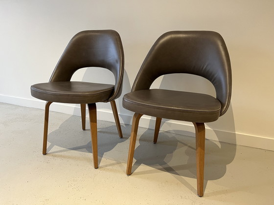 Image 1 of Pair Eero Saarinen For Knoll Dining Chairs Leather And Oak