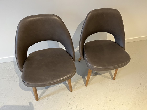 Image 1 of Pair Eero Saarinen For Knoll Dining Chairs Leather And Oak