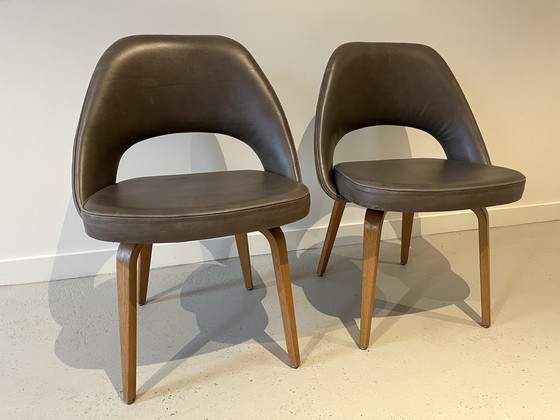 Image 1 of Pair Eero Saarinen For Knoll Dining Chairs Leather And Oak