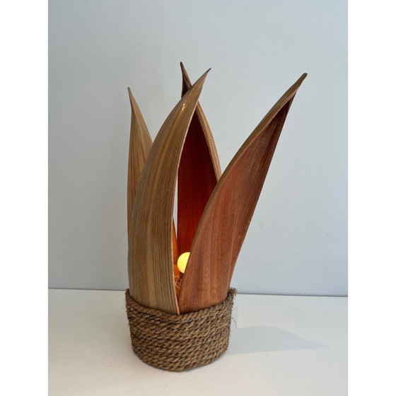 Image 1 of Decoratieve vintage tafellamp in palm en touw, Frankrijk 1970