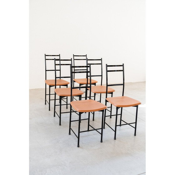 Image 1 of Set van 6 vintage aluminium en leren stoelen, 1980