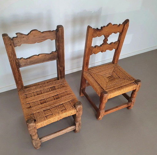 2 X Provinciaal Kastanjehouten Spanisch Touw Stoelen Midden 1700S