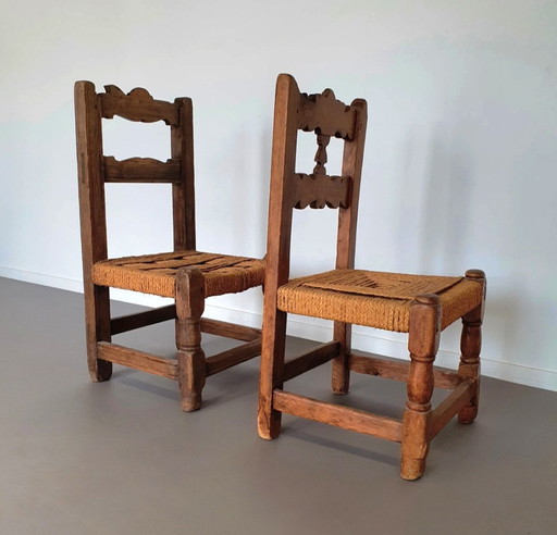 2 X Provinciaal Kastanjehouten Spanisch Touw Stoelen Midden 1700S