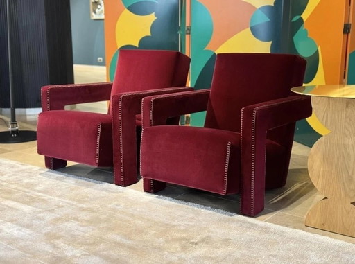 2x Cassina Fauteuil 637 Utrecht (Nieuw-Nooit Gebruikt) In Vinaccia/Bordeaux Wol.