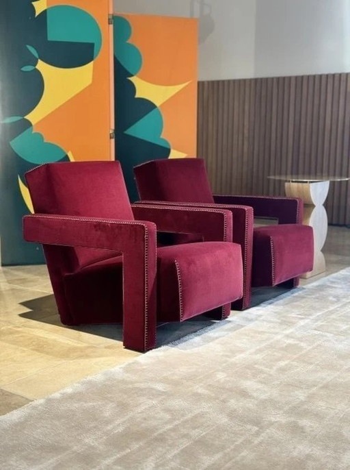 2x Cassina Fauteuil 637 Utrecht (Nieuw-Nooit Gebruikt) In Vinaccia/Bordeaux Wol.