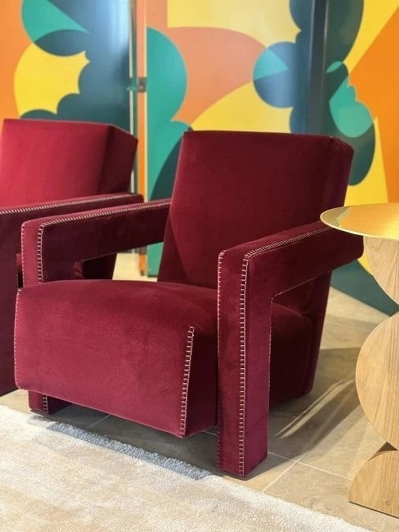 Image 1 of 2x Cassina Fauteuil 637 Utrecht (Nieuw-Nooit Gebruikt) In Vinaccia/Bordeaux Wol.