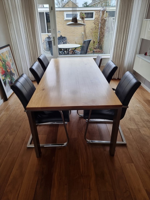 Eettafel Massief Esdoorn, Gelakt Met Rvs Frame