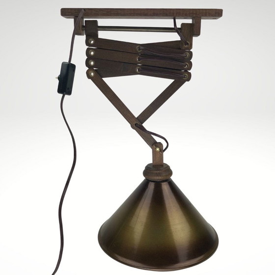 Image 1 of Mid Century Schaar Wandlamp van Nederlands hout en messing, 1960S