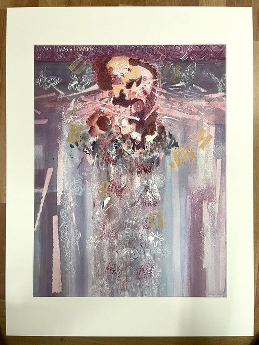 Aquarel : Boeket Met Vlinders,  In Mat Gouden Lijst. 