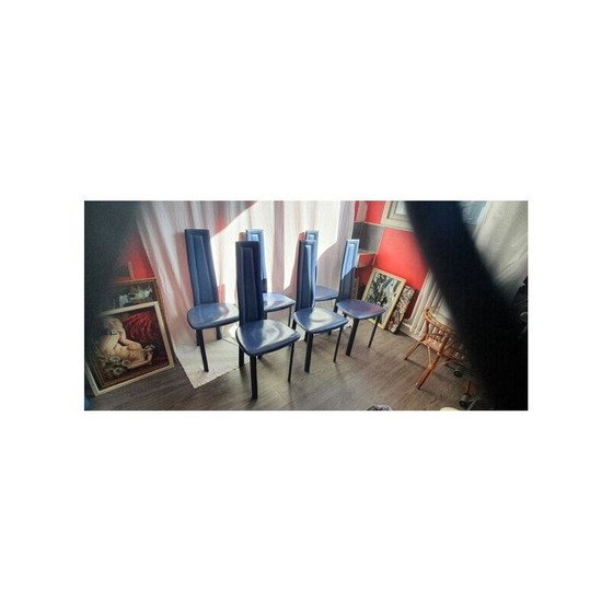 Image 1 of Set van 6 vintage blauw leren stoelen van David Lange, 1970-1980