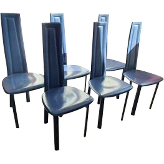 Image 1 of Set van 6 vintage blauw leren stoelen van David Lange, 1970-1980