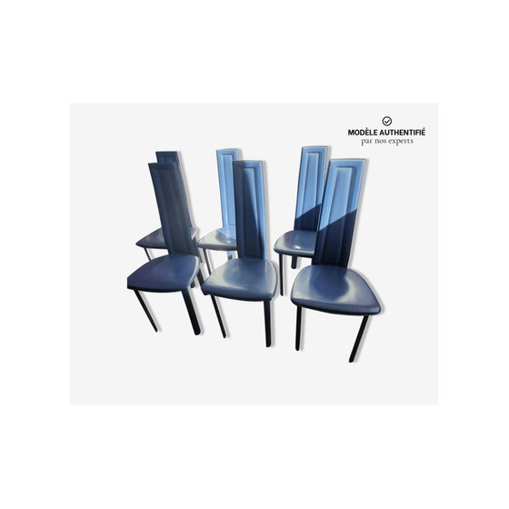 Image 1 of Set van 6 vintage blauw leren stoelen van David Lange, 1970-1980