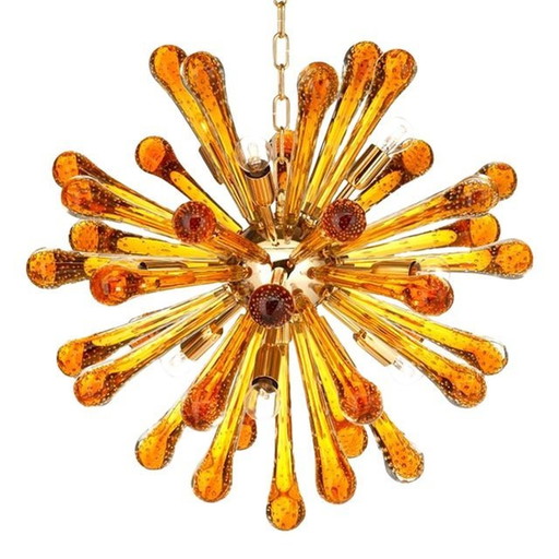 Murano Spoetnik kroonluchter met amberkleurige druppels Goud metalen frame