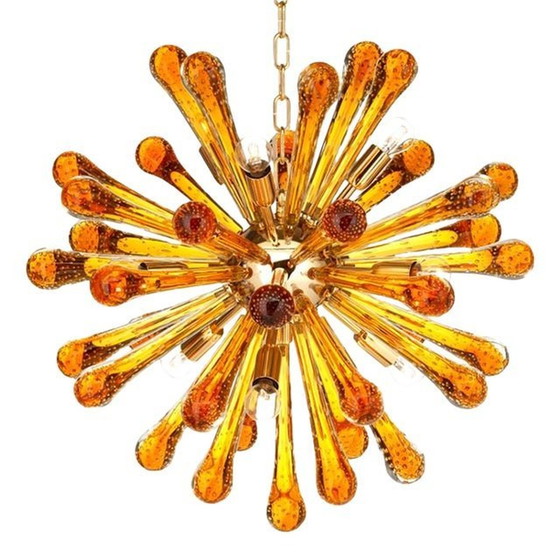 Image 1 of Murano Spoetnik kroonluchter met amberkleurige druppels Goud metalen frame