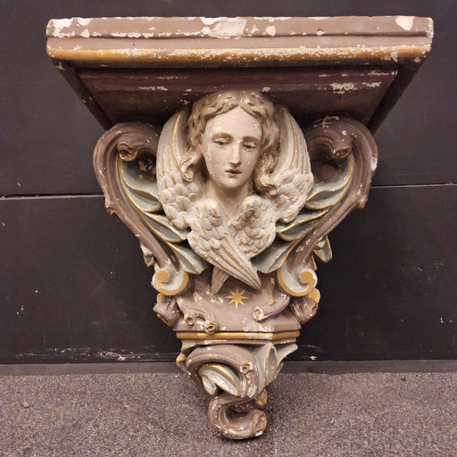 19 Eeuwse Antieke Gipsen Kerk Console Met Engel (H48Cm) / Antique Church Console Angel Gipsen