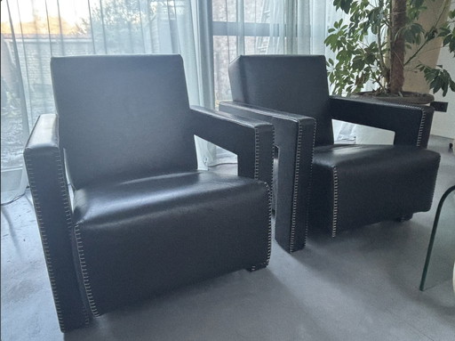 2 X Cassina 637 Utrecht Stoel Zwart Leer