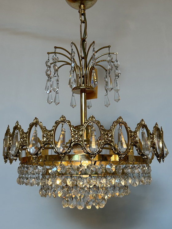 Image 1 of Vintage hanglamp kroonluchter kristal messing frame 
