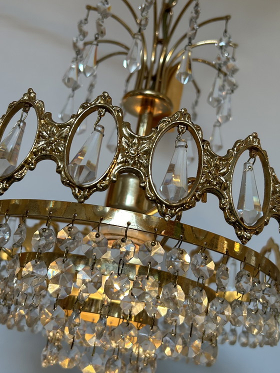 Image 1 of Vintage hanglamp kroonluchter kristal messing frame 