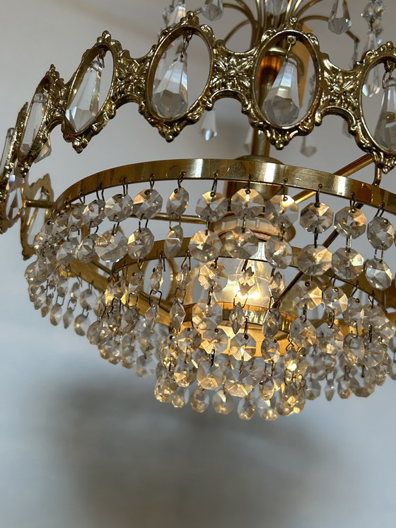 Image 1 of Vintage hanglamp kroonluchter kristal messing frame 