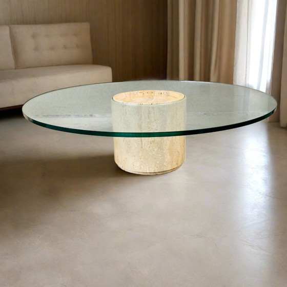 Image 1 of Mid-century Travertine Glazen Salontafel Italy 1970