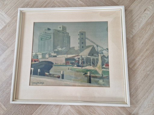 Aquarel Met Erop De Calve Delft (Pindakaas) Oliefabriek 1968