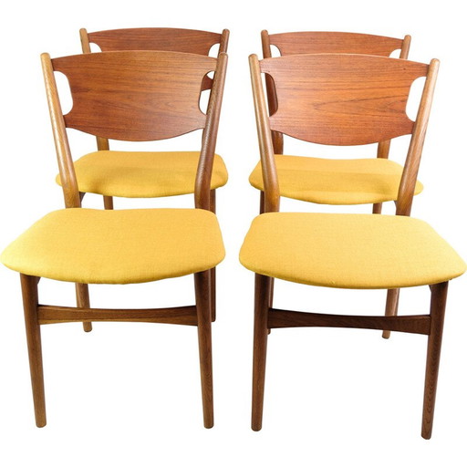 Set van 4 vintage stoelen in teakhout en gele stof, Denemarken 1960