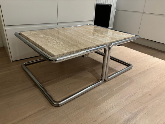 Image 1 of Chrome buisframe travertin salontafel