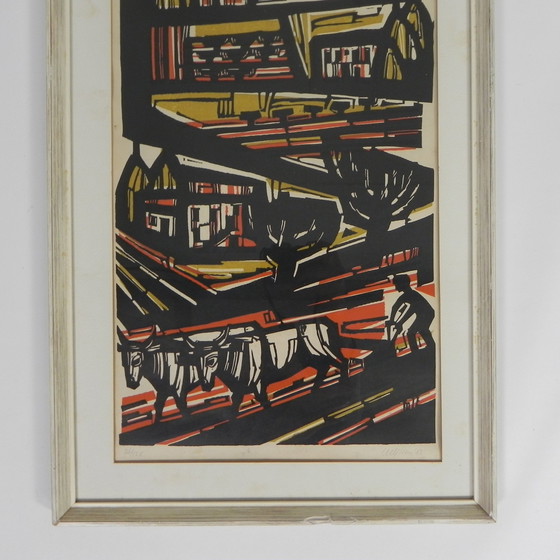 Image 1 of Litho Akke Sins , ploegende boeren, 1963