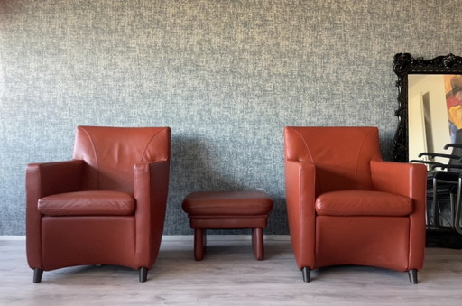 2x Leolux Dolcinea lederen Fauteuil + hocker