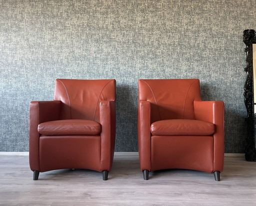 2x Leolux Dolcinea lederen Fauteuil + hocker