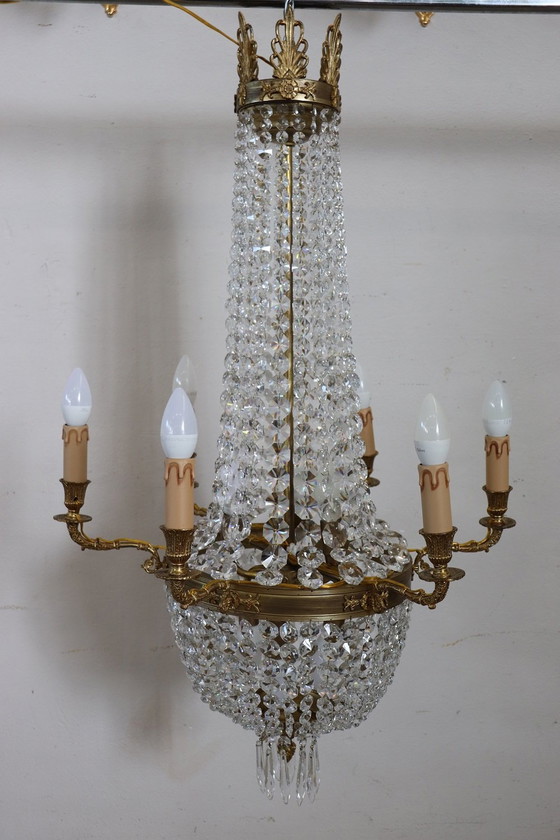 Image 1 of Antiek Bronzen en Kristallen Kroonluchter Met 10 Lampen