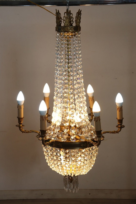 Image 1 of Antiek Bronzen en Kristallen Kroonluchter Met 10 Lampen