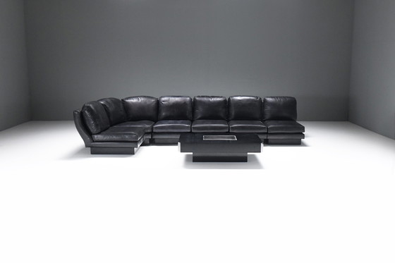 Image 1 of Zeldzame 'Super C' modulaire sofa in origineel zwart leer van Willy Rizzo. Getekend!