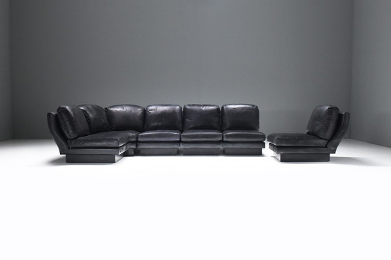 Image 1 of Zeldzame 'Super C' modulaire sofa in origineel zwart leer van Willy Rizzo. Getekend!