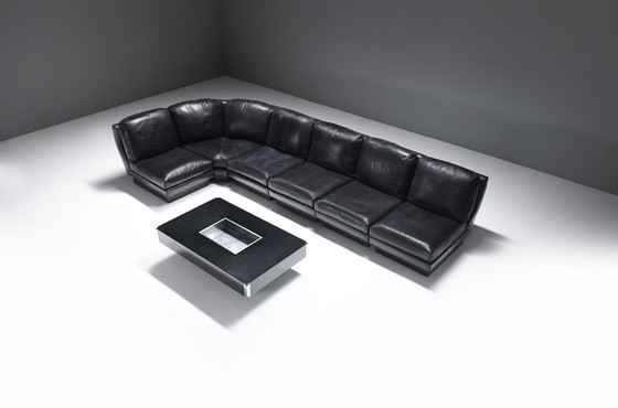 Image 1 of Zeldzame 'Super C' modulaire sofa in origineel zwart leer van Willy Rizzo. Getekend!